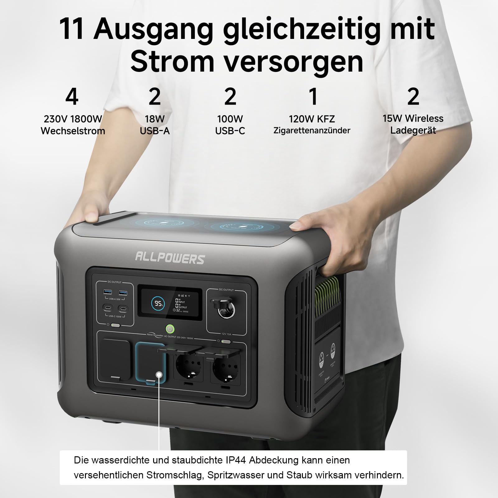 ALLPOWERS Solargenerator R1500 mit 100W Solarpanel, LiFePO4 Akku, 1800W Powerstation mit 100W USB-C/Kabelloses Laden Ausgang, LFP Powerstation für Outdoor, Camping, Stromreserve, RV