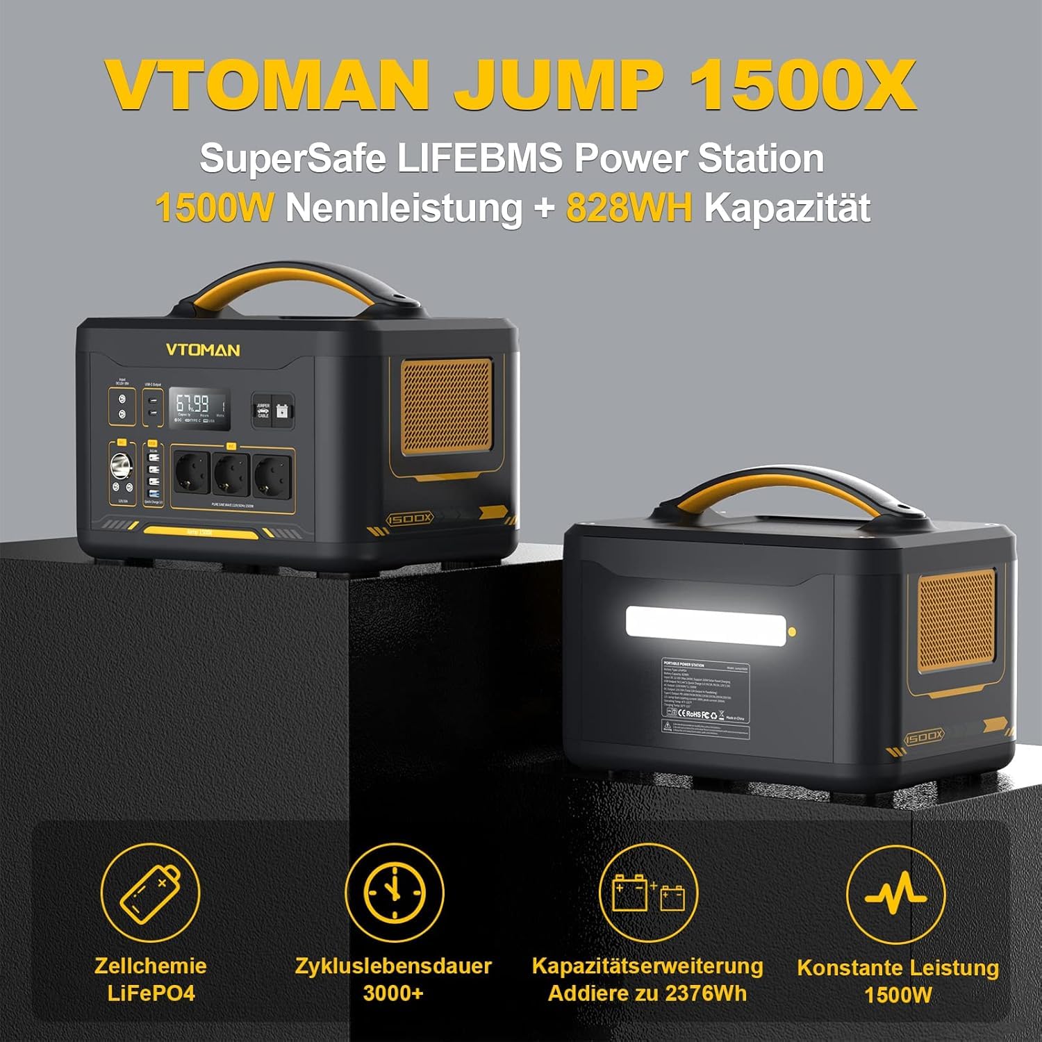VTOMAN Jump 1500X Tragbare Powerstation mit 200W Solarpanel - 828Wh/1500W Solar Stromgenerator LiFePO4 Batterie Stromspeicher, Erweiterbare Kapazität auf 2376Wh für Camping, Reisen, Wohnmobil, Notfall