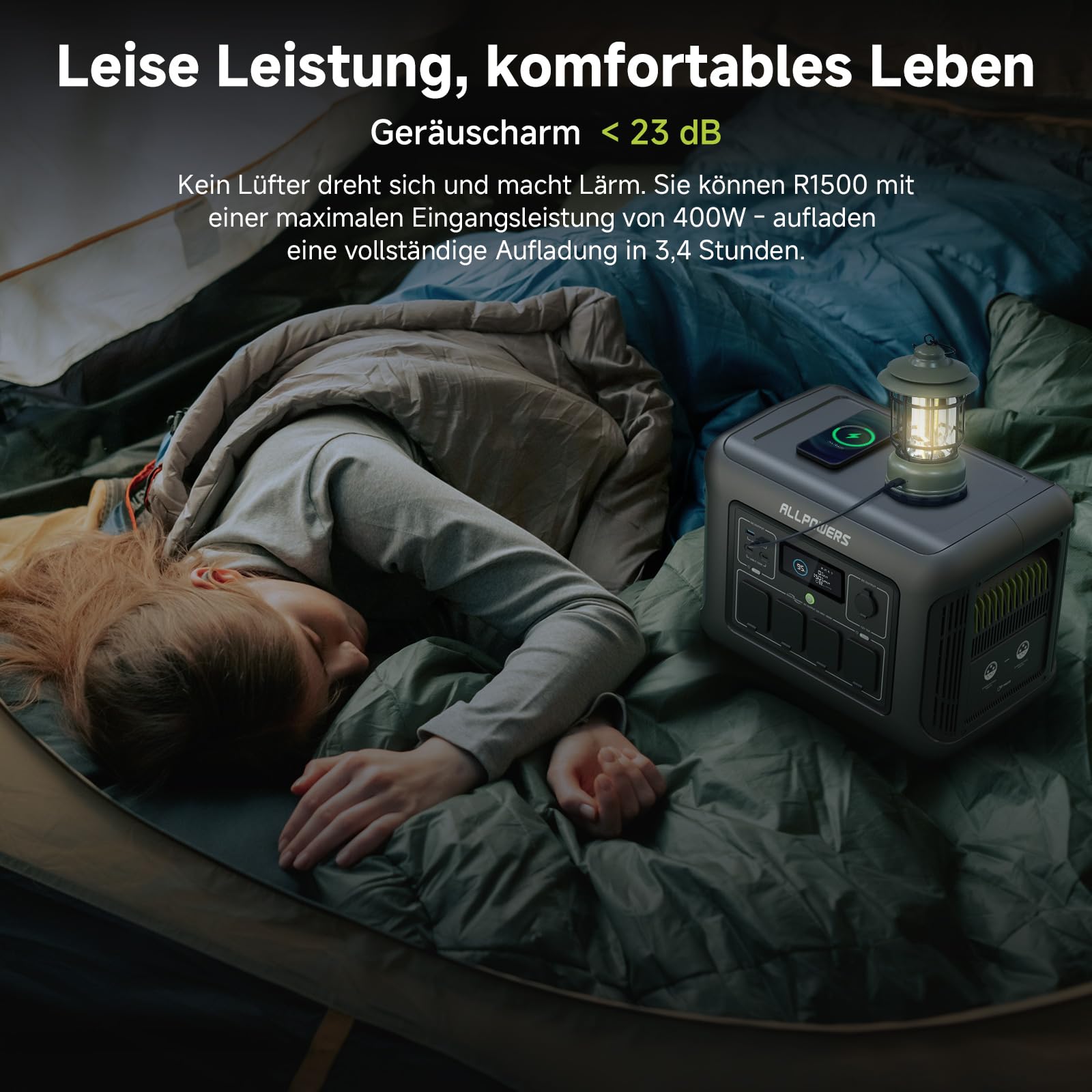 ALLPOWERS Solargenerator R1500 mit 100W Solarpanel, LiFePO4 Akku, 1800W Powerstation mit 100W USB-C/Kabelloses Laden Ausgang, LFP Powerstation für Outdoor, Camping, Stromreserve, RV