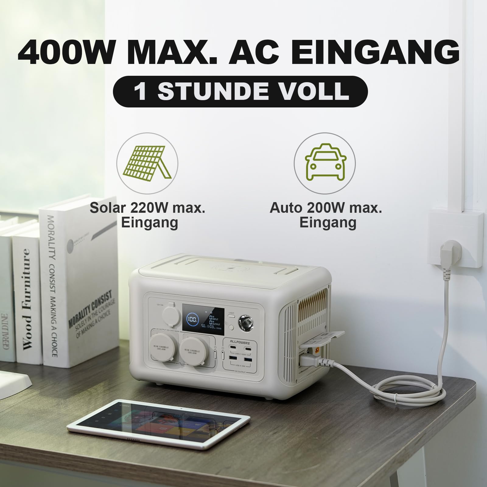 ALLPOWERS R600 Solargenerator, 2x 600W (1200W Spitze) AC Ausgang, 299WH LiFePO4 Batterie Tragbare Powerstation mit 100W Solarpanel, Mobile Stromversorgung für Garten Reise Camping Wohnmobil Notfall