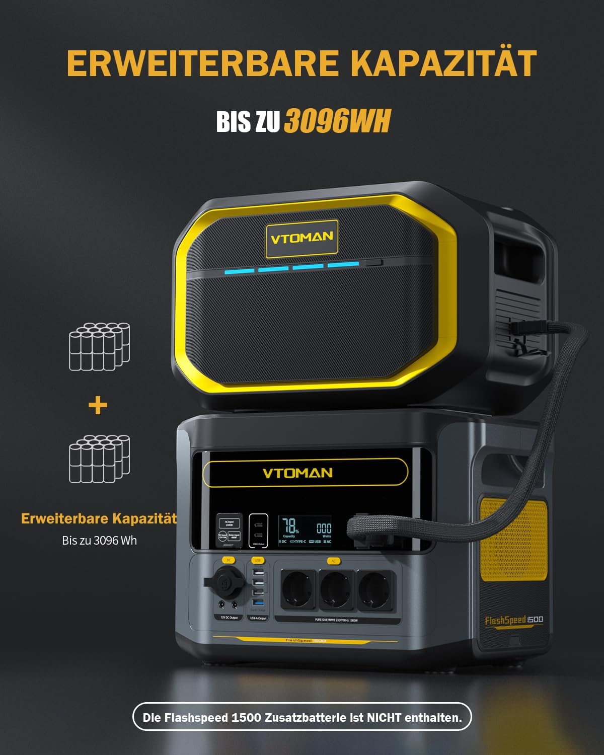 VTOMAN FlashSpeed 1500 Tragbare Powerstation 1548Wh - LiFePO4 Batterie Betriebener Solar Generator mit 230V/1500W AC Ausgang/Eingang, Schnelle Vollladung in 1 Stunde für Zuhause, Camping, Angeln