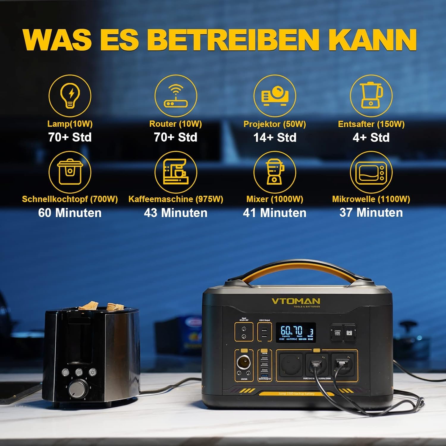 VTOMAN Jump 1500X Tragbare Powerstation mit 110W Solarpanel - 828Wh Solargenerator LiFePO4 Batterie Powerstation, 1500W AC/100W USB-C Ausgang, Erweiterbare Kapazität für Camping, Reisen, Wohnmobil