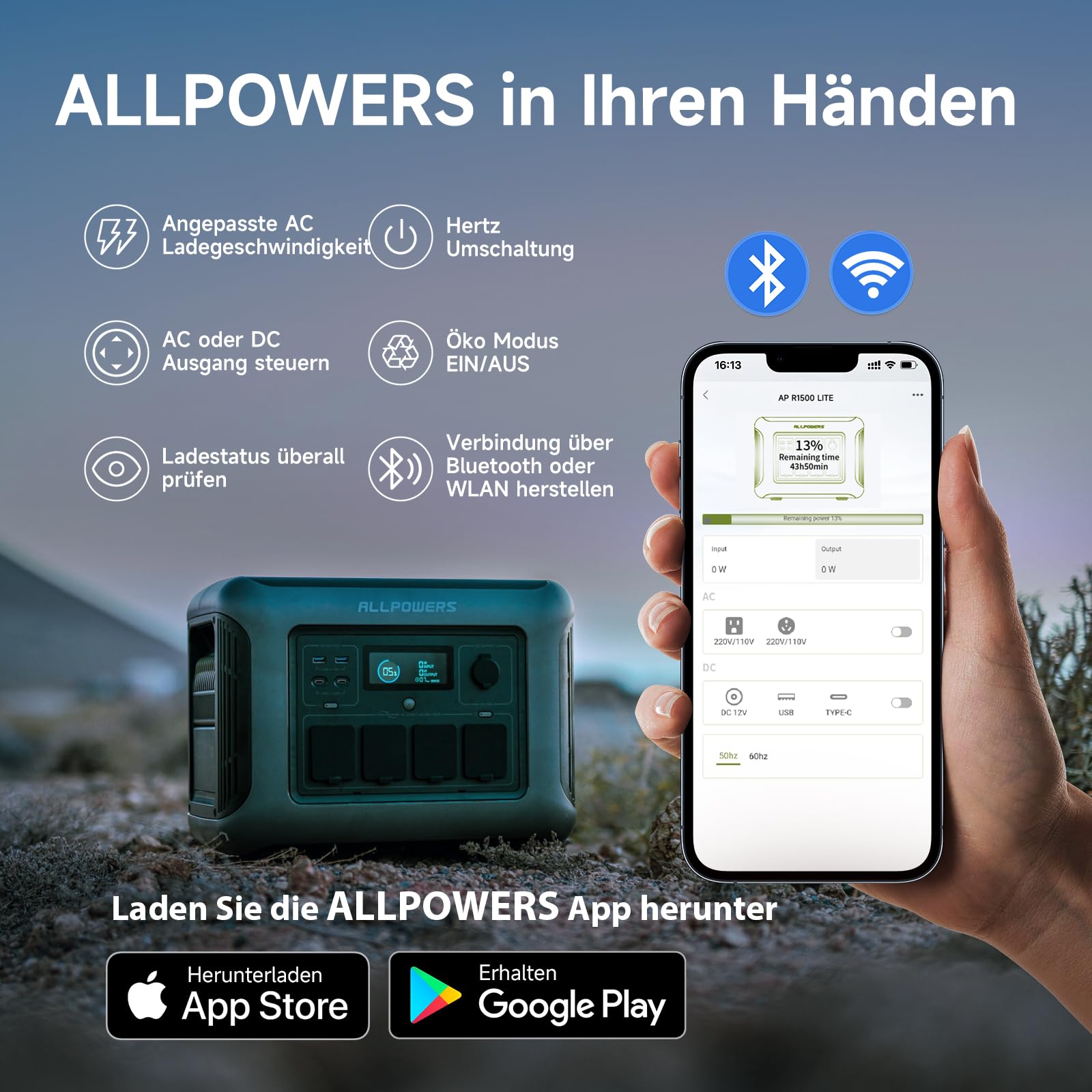 ALLPOWERS R1500 LITE Solargenerator mit 400W Solarpanel, 105Wh LiFePO4 Tragbare Powerstation, 1500W AC/100W USB-C Ausgang, 40 Mins Schnellladung Generatoren für Outdoor, Off-Grid, RV, Notfall