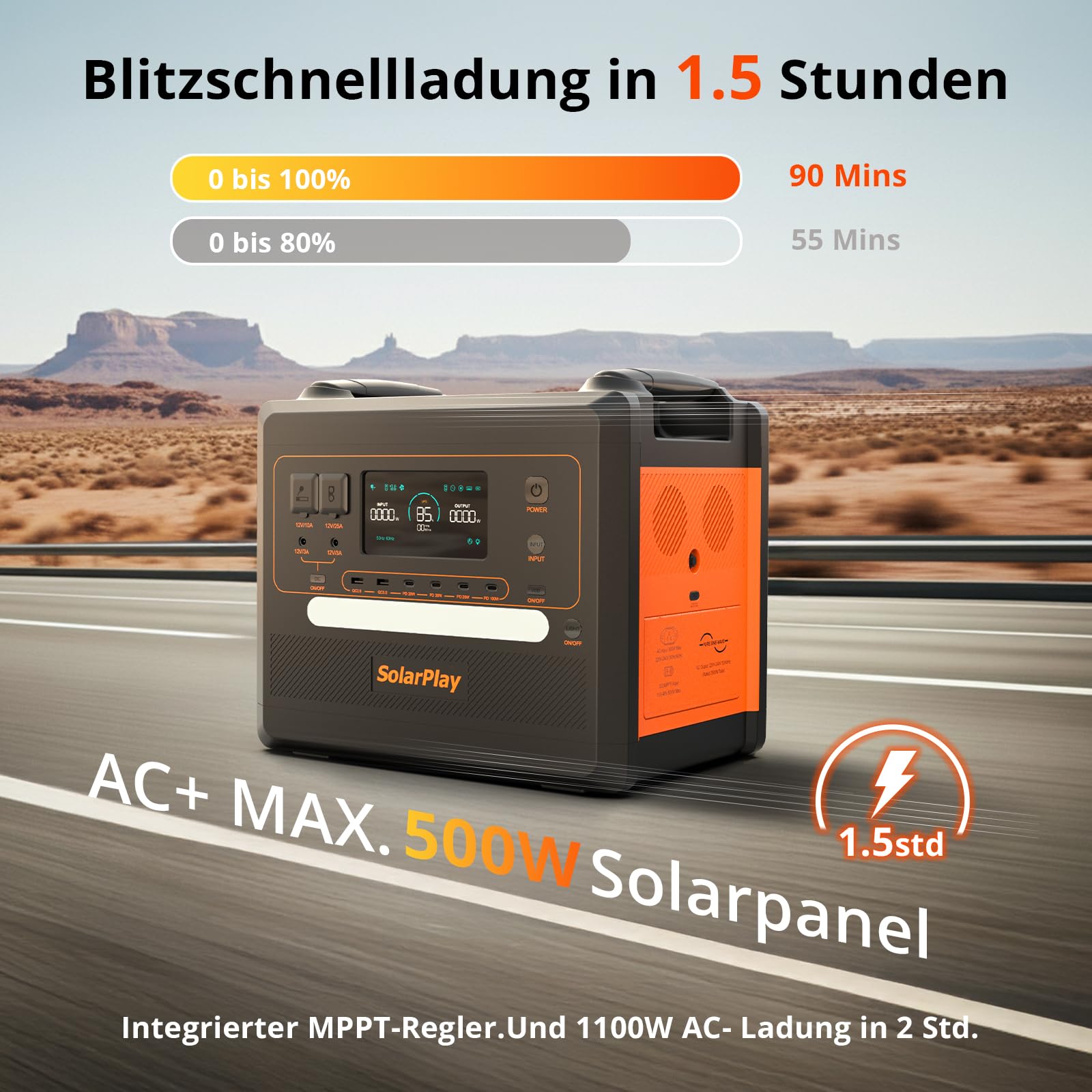 SolarPlay Tragbare Powerstation Q2402M, 2304Wh Solargeneratoren LiFePO4 (5000 Peak), 1.5h Vollladung mit Solarpanel,14 Anschlüsse, 230V,UPS, Power station für Camping/Zuhause/Wohnmobil/Stromausfall
