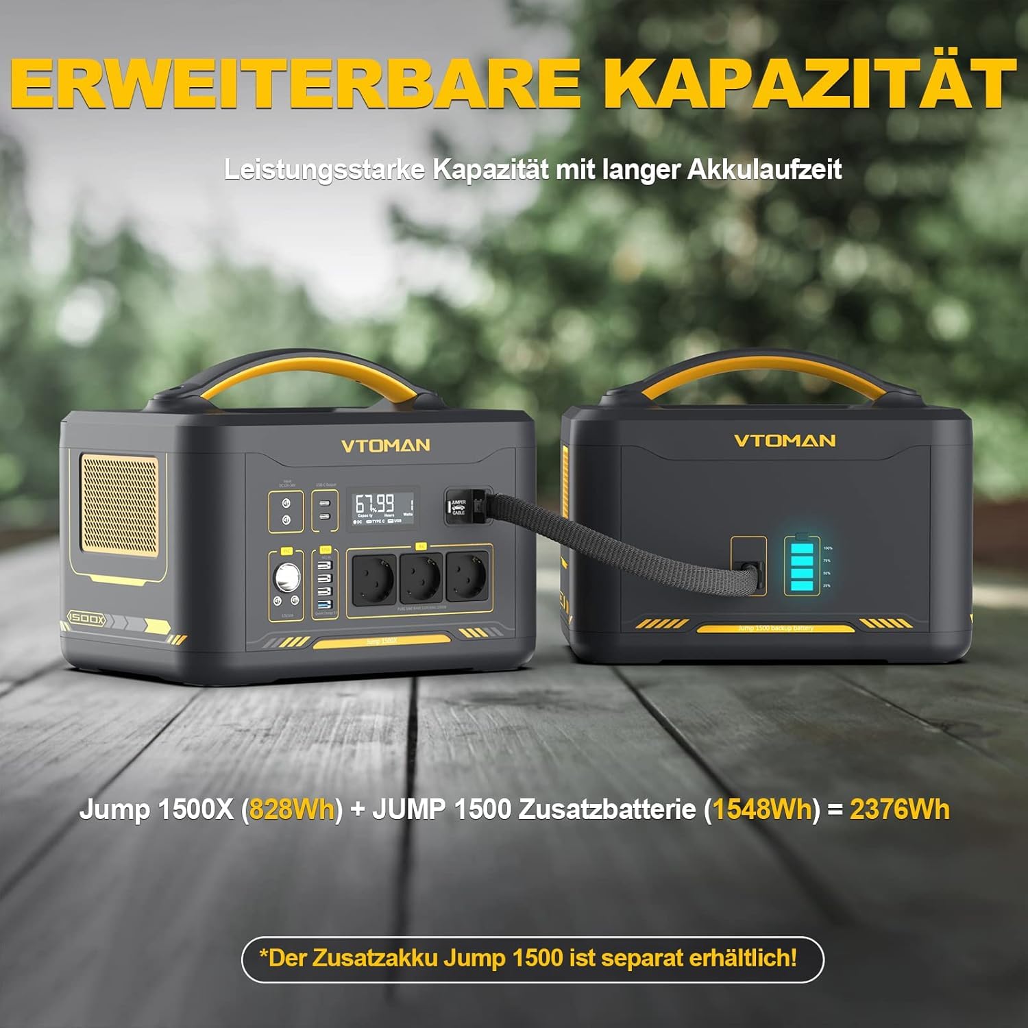 VTOMAN Jump 1500X Tragbare Powerstation mit 200W Solarpanel - 828Wh/1500W Solar Stromgenerator LiFePO4 Batterie Stromspeicher, Erweiterbare Kapazität auf 2376Wh für Camping, Reisen, Wohnmobil, Notfall