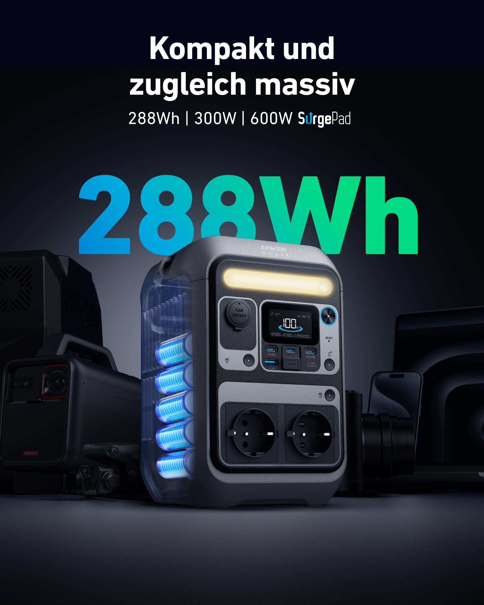 Anker SOLIX C300 Tragbare Powerstation, 288Wh LiFePO4 Akku, 300W (Max 600W) Solargenerator, 140W Beiseitige Schnellladeleistung, Für Camping, Draußen, Reisen, Notfälle, unterwegs (Solarpanel Optional)