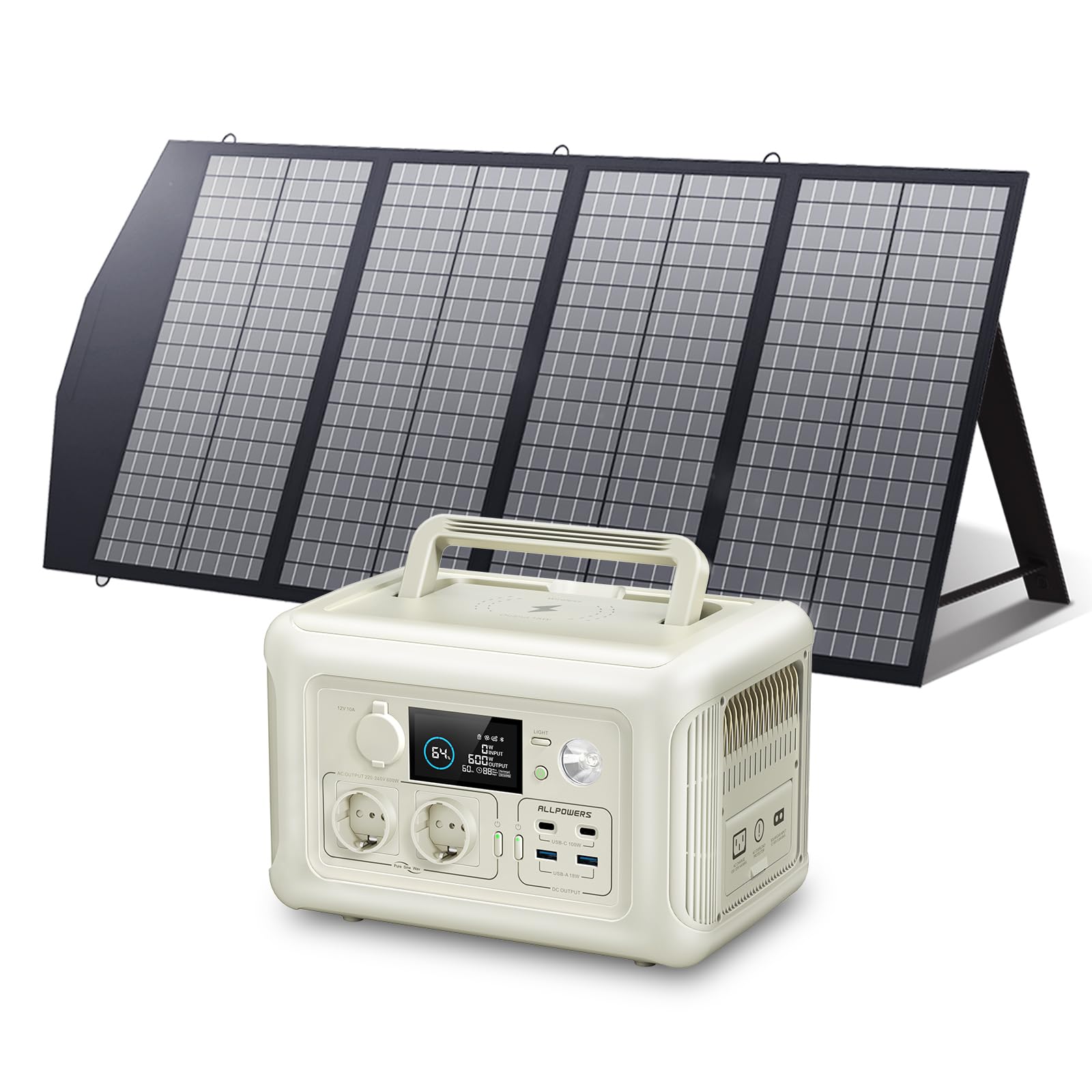 ALLPOWERS R600 Solargenerator mit 140W Solarpanel, 2x 600W (1200W Spitze) AC Ausgang, 299WH LiFePO4 Batterie Tragbare Powerstation, Mobile Stromversorgung für Garten Reise Camping Wohnmobil Notfall