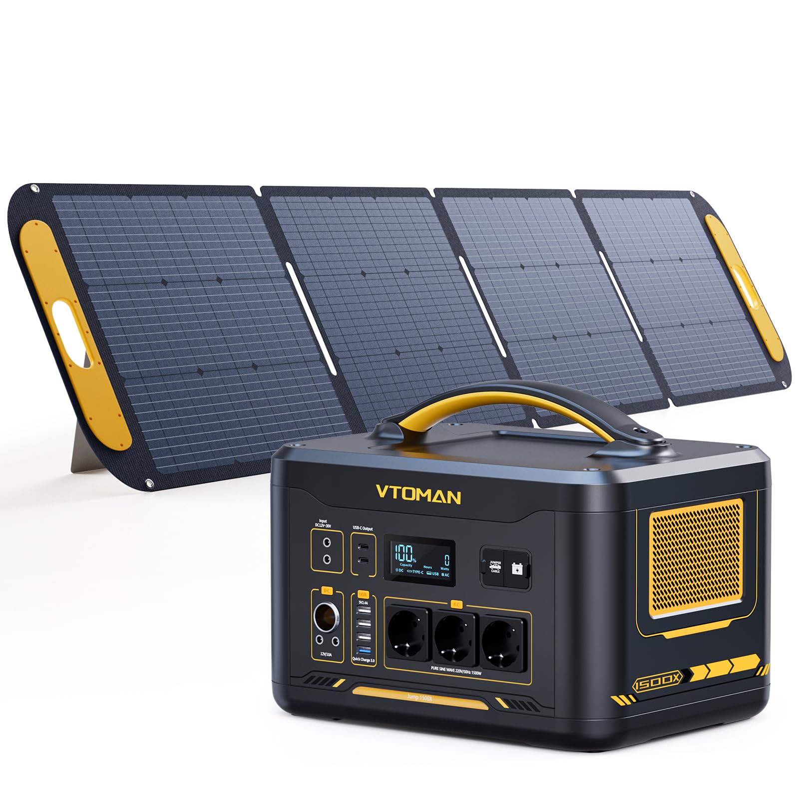 VTOMAN Jump 1500X Tragbare Powerstation mit 200W Solarpanel - 828Wh/1500W Solar Stromgenerator LiFePO4 Batterie Stromspeicher, Erweiterbare Kapazität auf 2376Wh für Camping, Reisen, Wohnmobil, Notfall