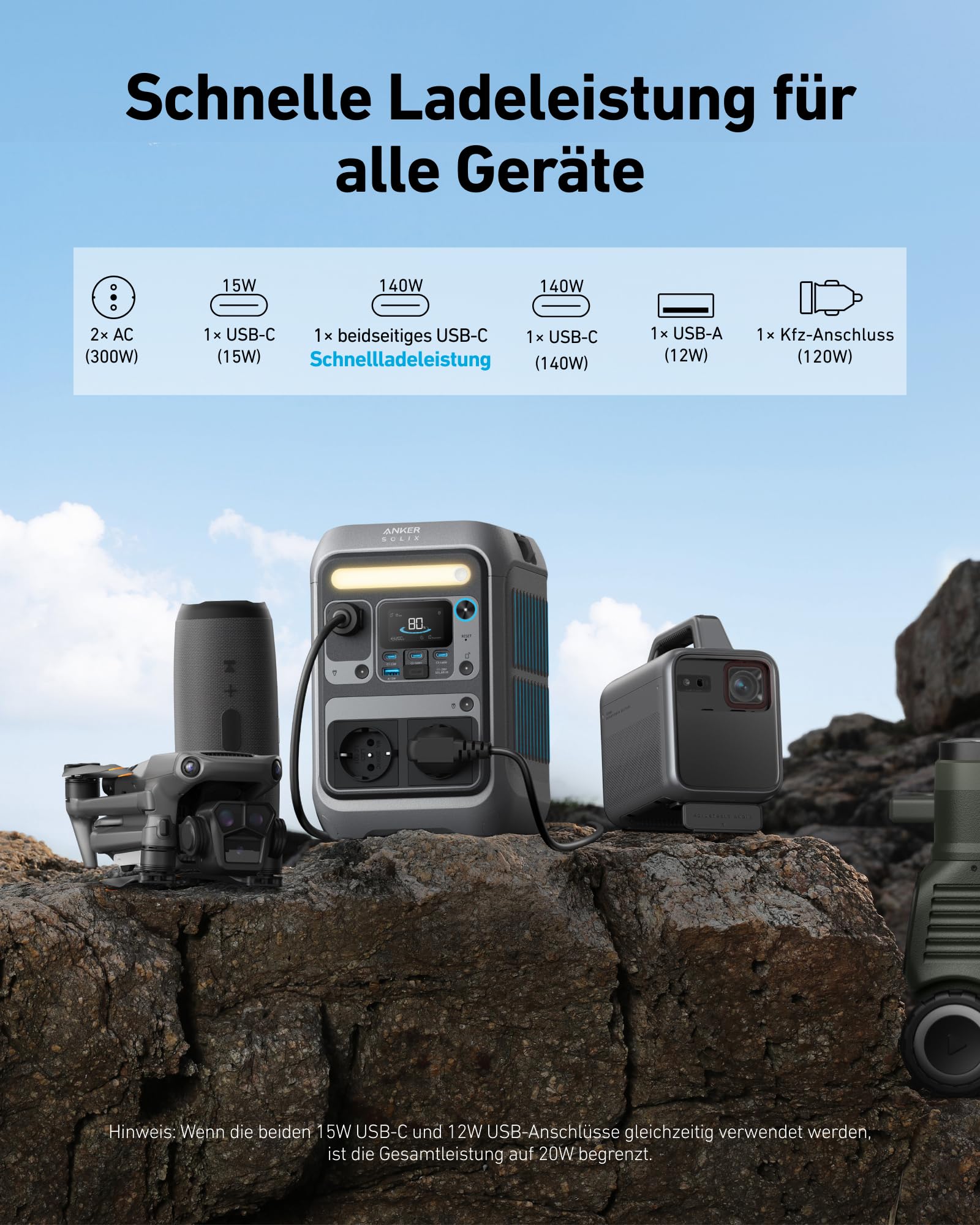 Anker SOLIX C300 Tragbare Powerstation, 288Wh LiFePO4 Akku, 300W (Max 600W) Solargenerator, 140W Beiseitige Schnellladeleistung, Für Camping, Draußen, Reisen, Notfälle, unterwegs (Solarpanel Optional)