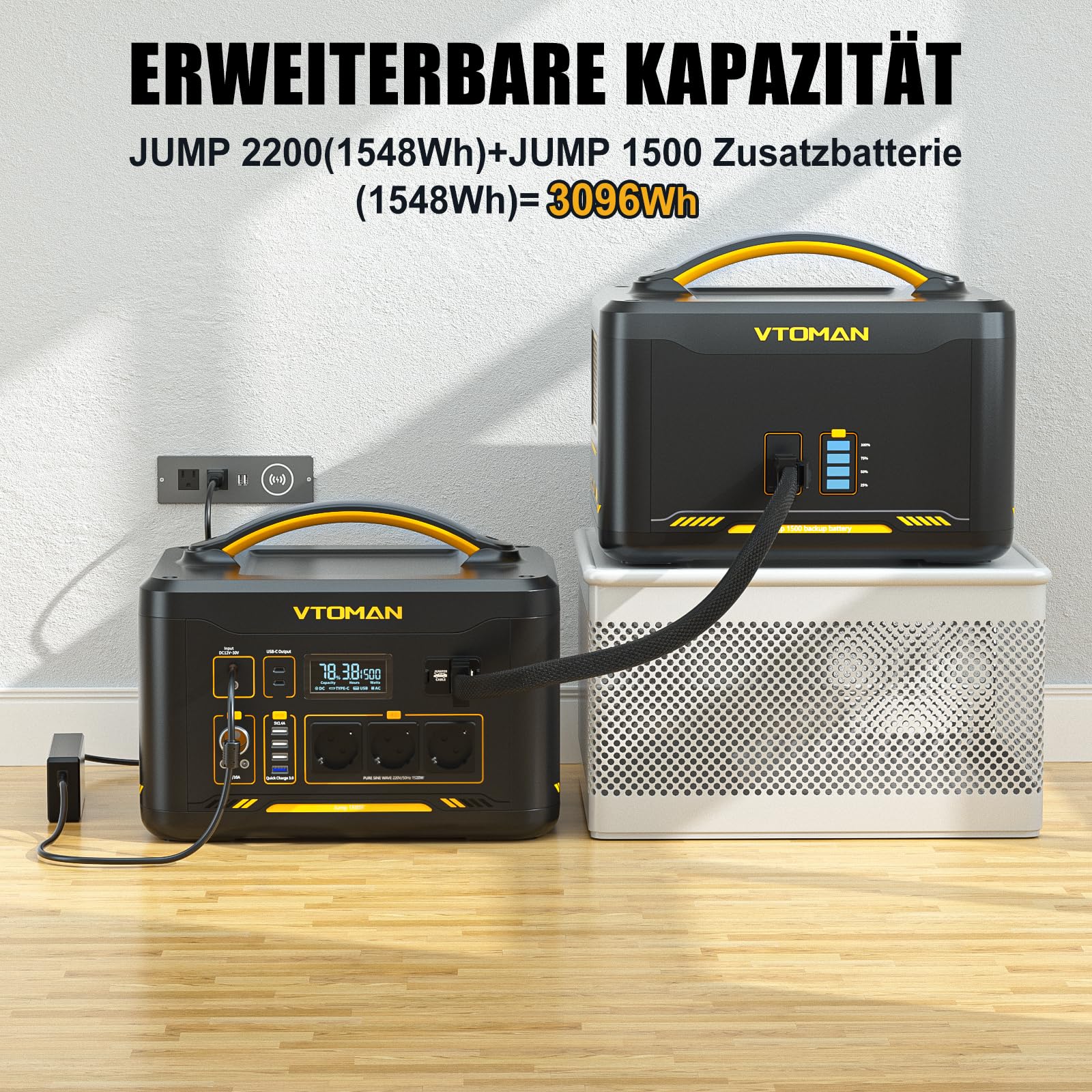 VTOMAN Jump 2200 Tragbare Powerstation - 1548Wh/2200W (Spitze 4400W) LiFePO4 Batterie Solar generatoren,Mobile Stromspeicher mit Erweiterbare Kapazität auf 3096Wh, Dual PD 100W Typ-C Anschlüsse