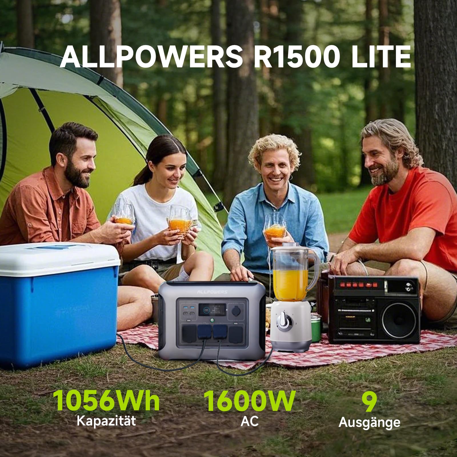 ALLPOWERS R1500 LITE Solargenerator mit 400W Solarpanel, 105Wh LiFePO4 Tragbare Powerstation, 1500W AC/100W USB-C Ausgang, 40 Mins Schnellladung Generatoren für Outdoor, Off-Grid, RV, Notfall
