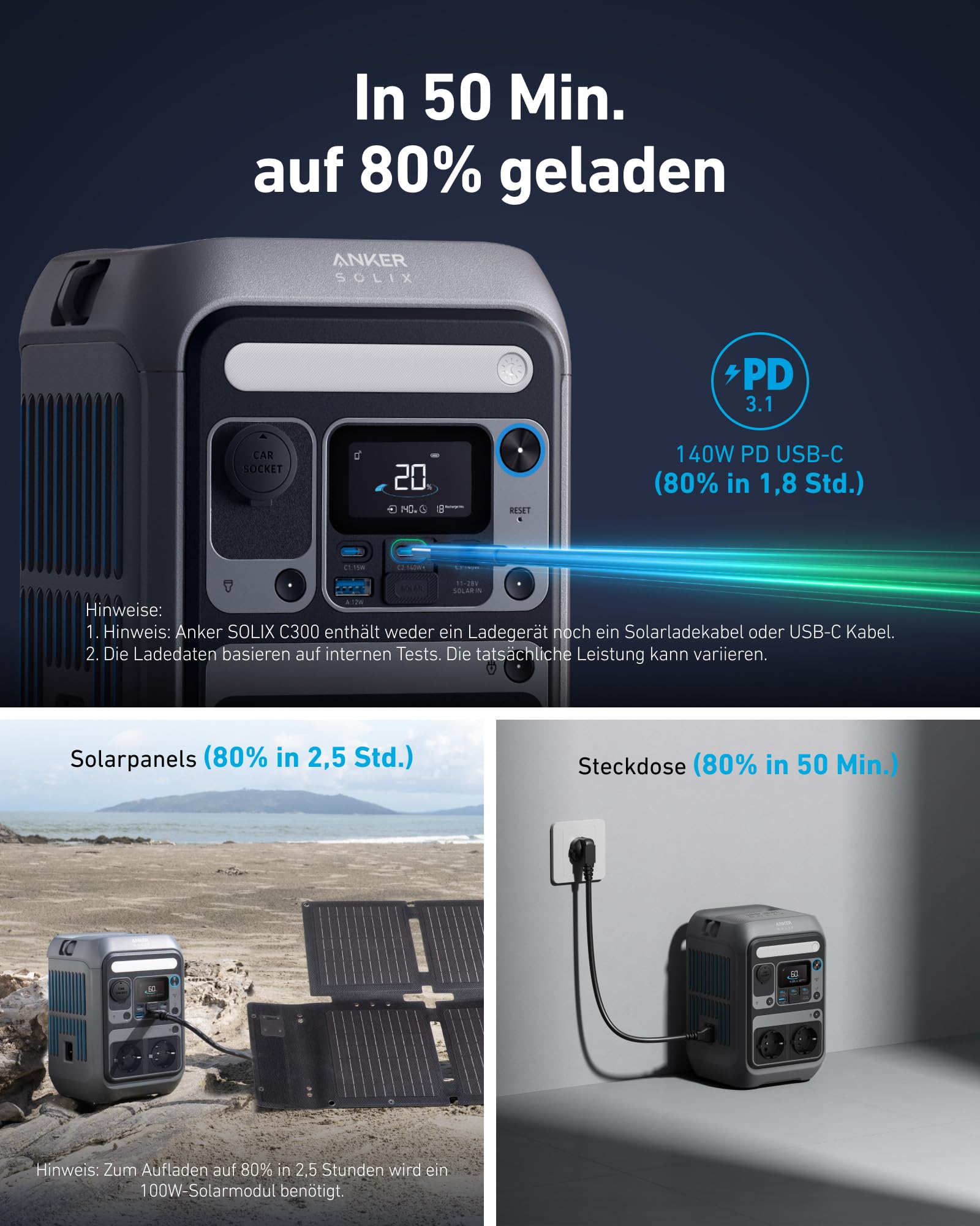 Anker SOLIX C300 Tragbare Powerstation, 288Wh LiFePO4 Akku, 300W (Max 600W) Solargenerator, 140W Beiseitige Schnellladeleistung, Für Camping, Draußen, Reisen, Notfälle, unterwegs (Solarpanel Optional)